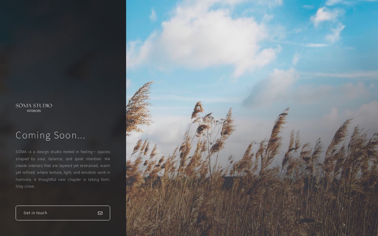 The SOMA Studio Interiors card, the studio wordmark beside a field of golden reeds under a morning sky
